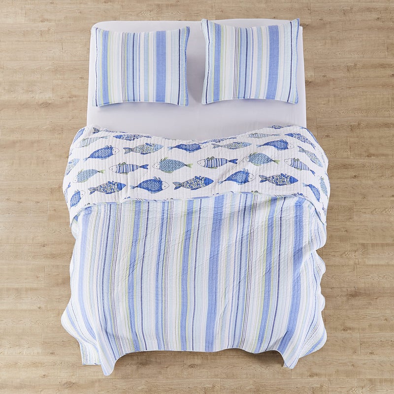 Levtex Home - Catalina Quilt Set - Full/Queen Quilt (88x92in.) + Two Standard Pillow Shams (26x20in.)- Striped Coastal Pattern in Blues and Greens - Reversible - Cotton Fabric - Image 4